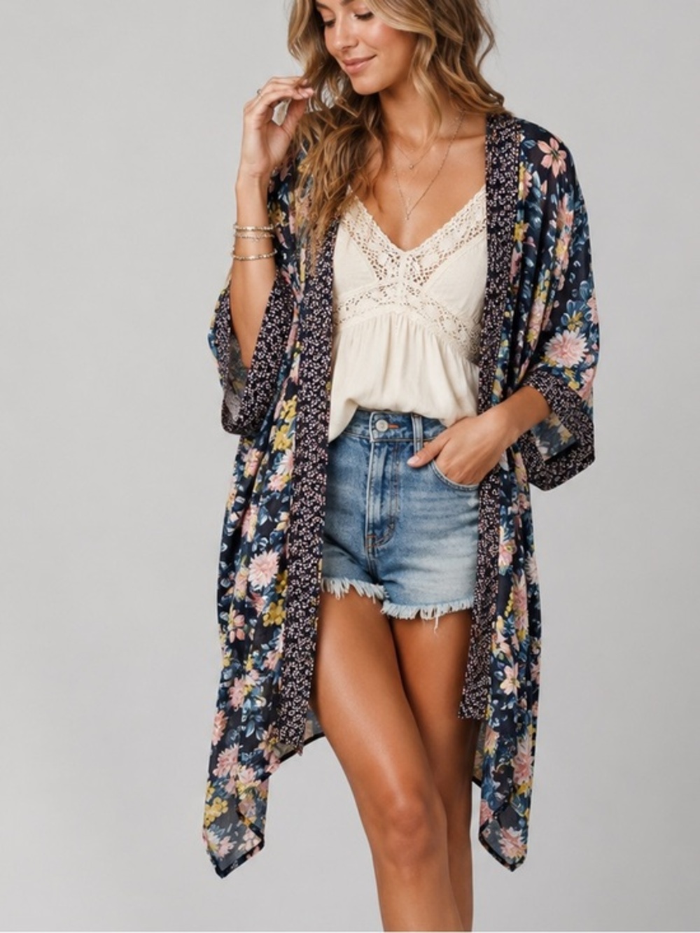 Xhilaration Sheer Floral Kimono Cardigan Duster Navy Pink Boho Festival Layering